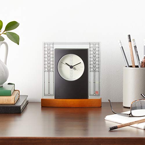 Bulova Glasner House Desk Clock B7750 | 6.25" Cherry Wood Base with Frank Lloyd Wright Art Glass Design | Silent Sweep Quartz Movement | Battery Operated | Architectural Accent Clock