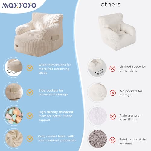 Kids Bean Bag Chair with Side Pocket - Beige Corded Foam Floor Sofa