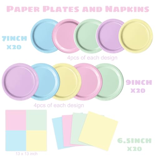 Oigco Pastel Paper Plates and Napkins Set - Rainbow Party Decorations, 60 pcs, Birthday Baby Shower Wedding