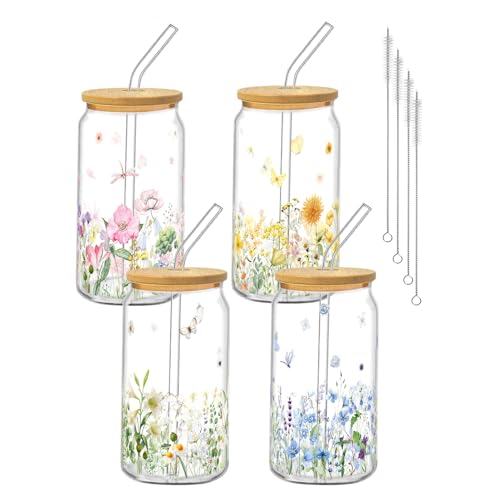 Floral Glass Cups with Bamboo Lids and Straws, 16oz Set of 4