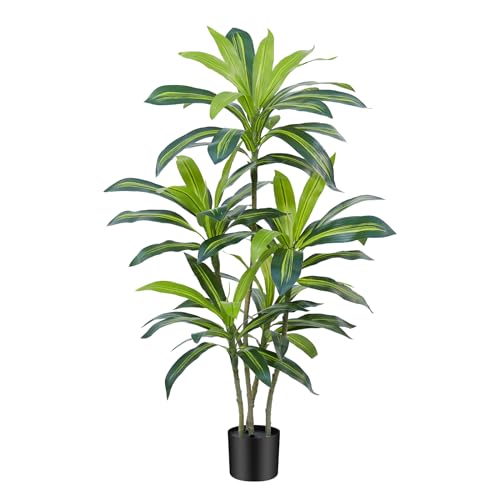 4FT Tall Dracaena Artificial Tree with Real Touch Leaves - Potted Faux Plant for Home Decor