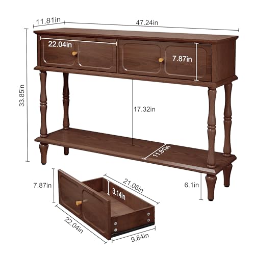 47-Inch Mid-Century Console Table with 2 Drawers and Open Shelf, Brown