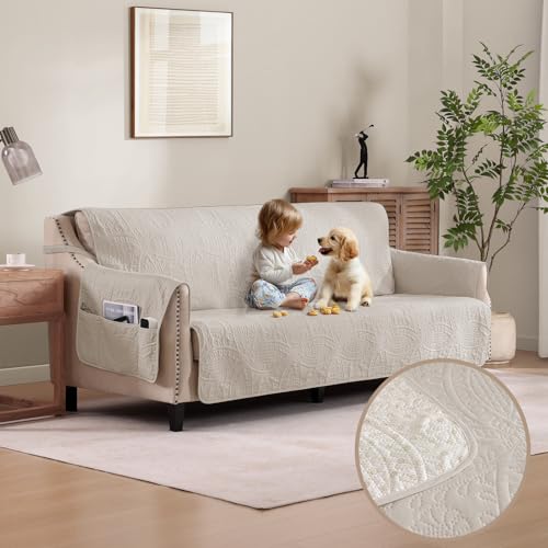 Large Beige Quilted Sofa Slipcover - Water-Repellent & Non-Slip