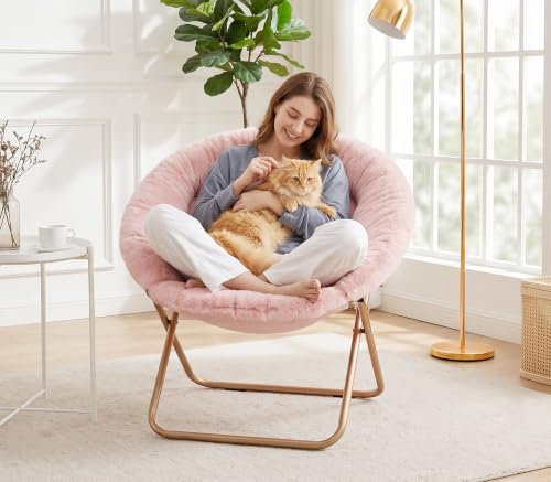 Alpen Pink Cozy Saucer Chair - Padded Round Moon Lounge for Bedroom & Living Room
