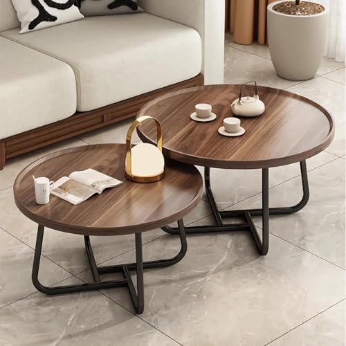 Round Nesting Coffee Table Set of 2, Walnut Wood Mid-Century Modern