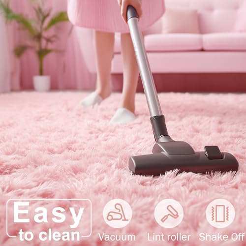 Pink Round Fluffy Area Rug 4ft - Soft Non-Slip Plush Shag Nursery Carpet
