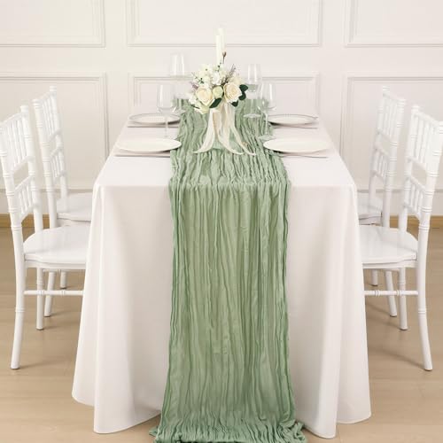 3 Pack Sage Green Cheesecloth Table Runner, 120-Inch Boho Wedding Decor