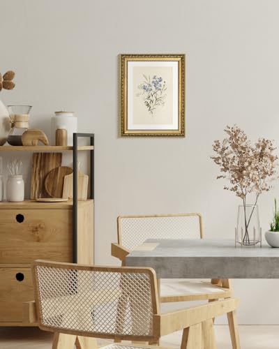Vintage Blue Wildflower Botanical Wall Art, 11x14 Inch Gold Framed Canvas