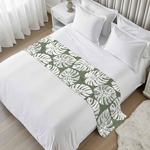 Tropical Palm Leaf Bed Runner - Satin Decorative Scarf for Twin Beds, 71x20"
