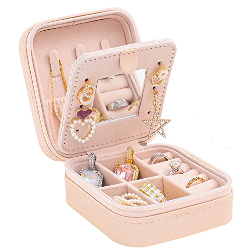 Small Portable Travel Jewelry Organizer Case with Mirror - Pink PU Leather