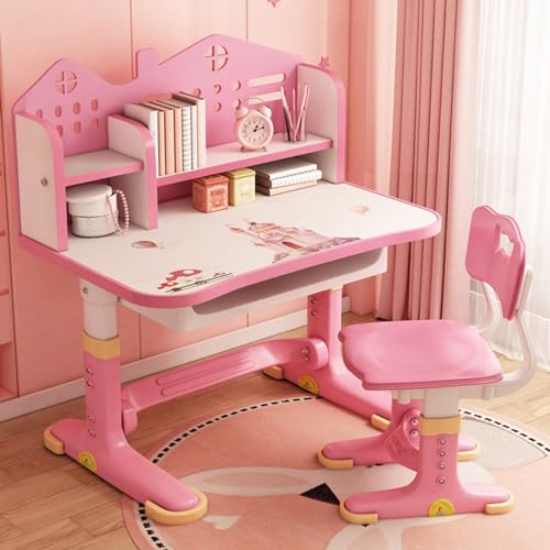 Height Adjustable Kids Study Desk and Chair Set with Storage Drawer - Pink