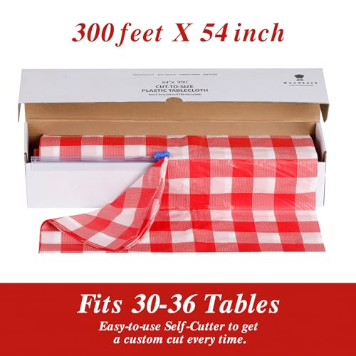 Red Checkered Plastic Table Cover Roll 54 Inch x 300 Feet with Cutter Box