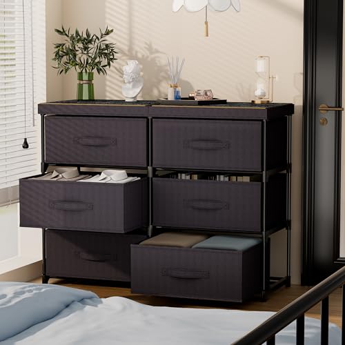 6-Drawer Fabric Dresser Storage Tower with Wooden Top & Metal Frame