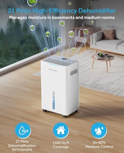 21 Pint Compressor Dehumidifier for Basement & Bedroom 1500 Sq Ft