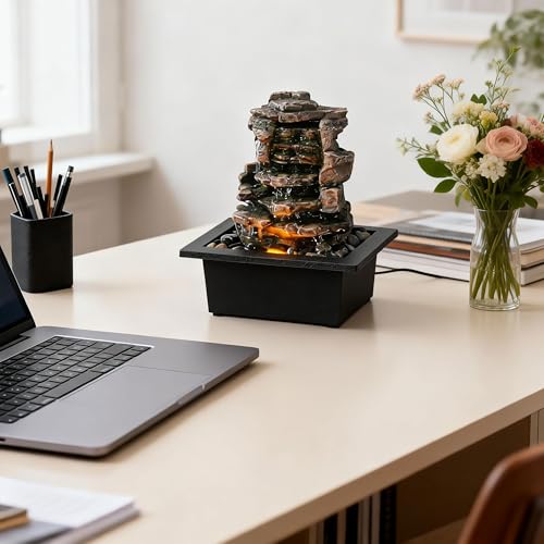 Indoor Tabletop Meditation Waterfall Fountain with LED Lights & River Rocks