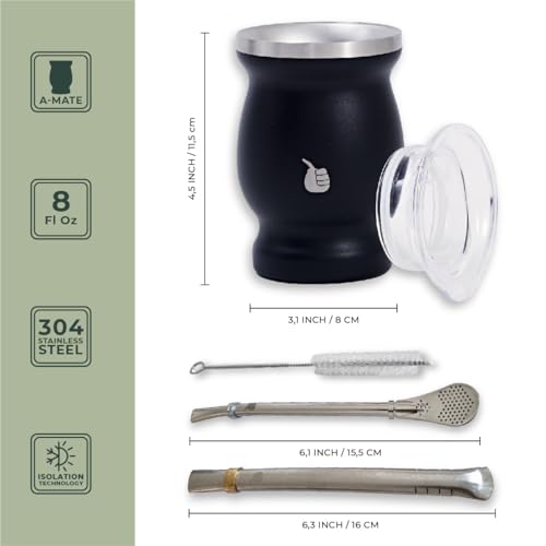 Gaucho Market Yerba Mate Cup Set with 2 Bombillas & Spill-Prevention Lid, 8oz