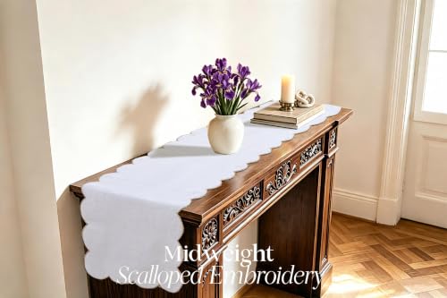 AORISSI 14x120 Inch White Linen Table Runner with Gold Edges, Rustic Embroidery, 100% Natural Flax