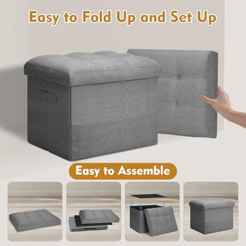 17-Inch Folding Storage Ottoman with Side Pocket, Dark Gray Linen Footstool