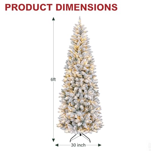 Hykolity 6 ft Slim Snow Flocked Christmas Tree with 200 LED Lights & 10 Modes