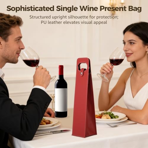 12 Pack PU Leather Wine Gift Bags Reusable Single Bottle Carrier with Handle & Closure