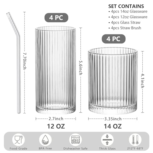 INSETLAN Ribbed Glassware Set of 8 - 12oz Highball & 14oz Rocks Glasses, Vintage Style