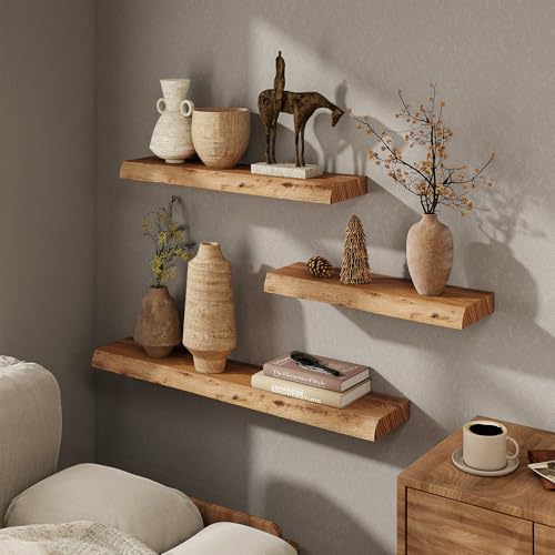24-Inch Live Edge Floating Shelves - Rustic Reclaimed Elm Wall Shelves (2-Pack)