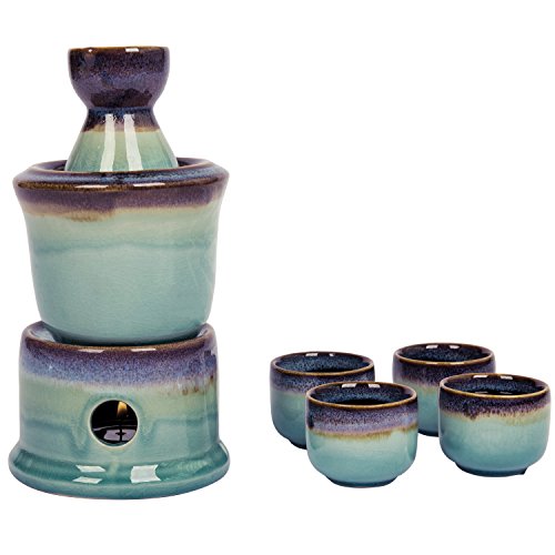 MyGift 7-Piece Sake Set with Ceramic Carafe, Cups & Warmer - Japanese Style