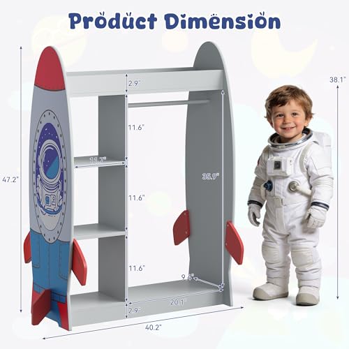 Rocket-Themed Kids Dress Up Wardrobe with Mirror & Storage Shelves