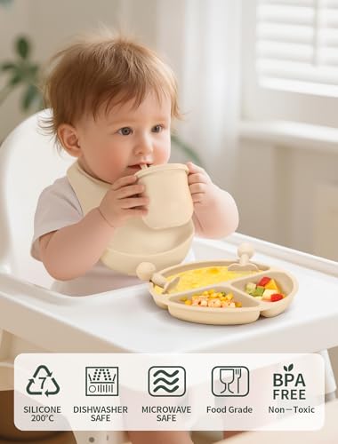Silicone Baby Feeding Set 9-Piece Spill-Proof Suction Plate Bowl Bib Green