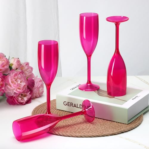 XUWAIDSGN Hot Pink Acrylic Champagne Flutes - Reusable Unbreakable Toasting Glasses, 10 Pack Wedding & Party