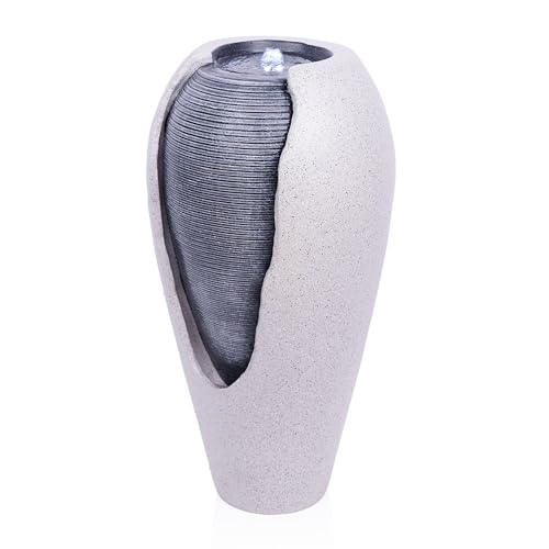 29-Inch Two-Tone Ribbed Jar Floor Fountain with LED Lights for Indoor/Outdoor