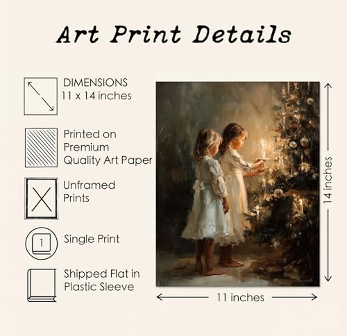 Japrex 11x14 Nostalgic Victorian Christmas Wall Art – Candlelit Tree & Children Print, Unframed