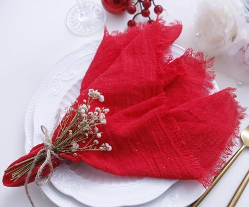 JINVASE Red Cotton Gauze Cloth Napkins with Fringe Set of 12, 16x16 inches