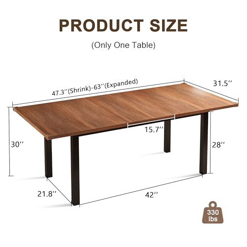 Extendable Rectangular Dining Table, 47-63 Inch Modern Walnut Wood Table