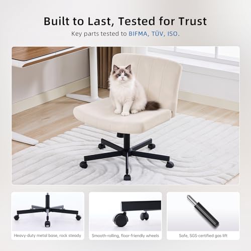 Wide Criss Cross Office Chair with Wheels, Armless Fabric Vanity Chair