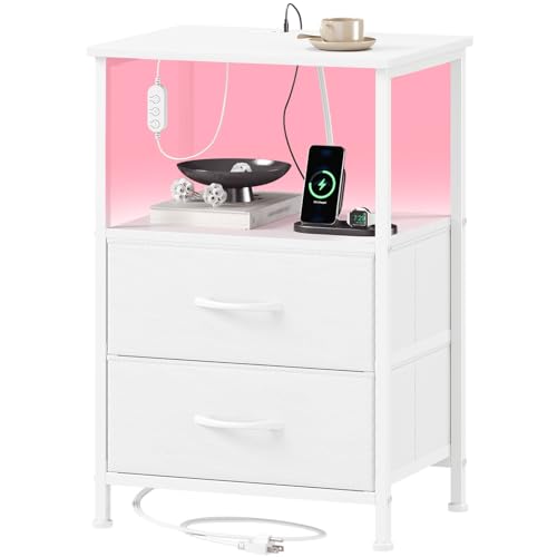 LED Nightstand with Charging Station & 2 Drawers - White Bedside Table