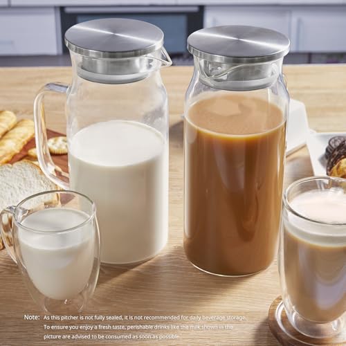 2 Liter (68 oz) Borosilicate Glass Pitcher with Stainless Steel Lid & Handle