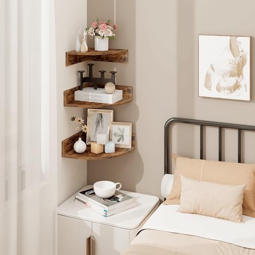 3-Tier Floating Corner Shelves with Cord Management, Rustic Wood Wall Mount