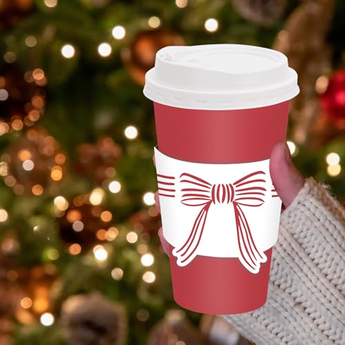 50 Pack Christmas Red Coffee Cups with Lids & Bow Sleeves 16oz Disposable Holiday Drinkware