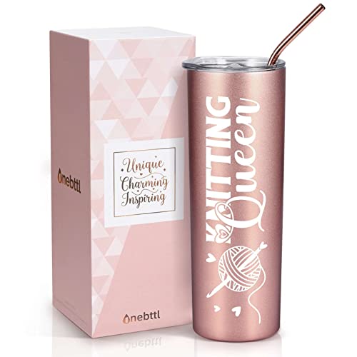 Rose Gold Onebttl Knitting Queen 20oz Stainless Steel Tumbler with Straw & Lid – Crochet Gift for Women
