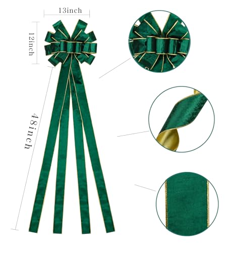 Green Velvet Christmas Tree Topper Bow with Long Tails - 48x13 Inch