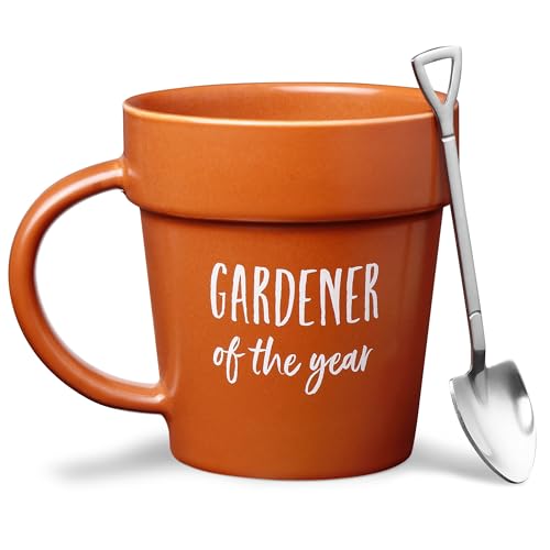 VELENTI Gardener Coffee Mug with Shovel Spoon - Funny Plant Pot Design, 320ml - Gift for Gardener, Mom, Dad, Nature Lover