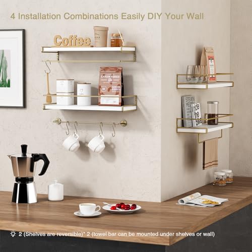 Floating Bathroom Shelves with Towel Bar, Set of 2 White and Gold Wall Shelves