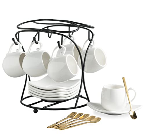 LYEOBOH White Espresso Cups with Saucers Set, Metal Stand & Spoons - A-White