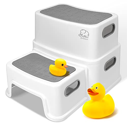 Toddler 2-Step Stool for Bathroom Sink and Potty Training White Grey