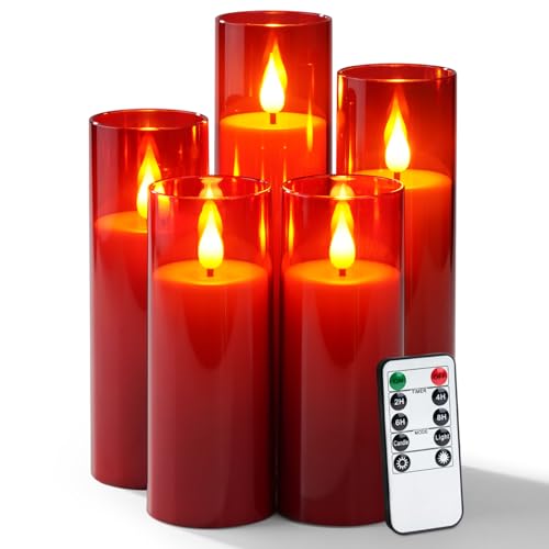 Amagic Red & Warm Yellow Flameless LED Pillar Candles with Remote Timer (5-Pack)