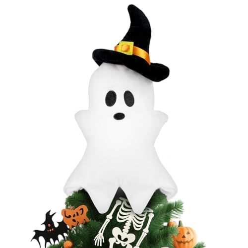 White Ghost Halloween Tree Topper with Witch Hat - 11.8-Inch Plush Decor