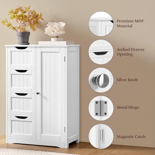 White Bathroom Floor Storage Cabinet with 4 Drawers & Adjustable Shelf