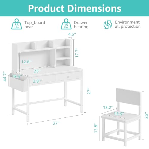 Kids Study Desk and Chair Set with Hutch and Fabric Storage Drawers