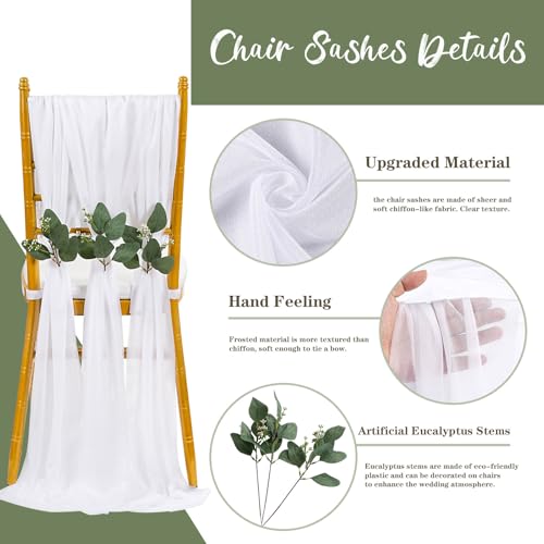 24 Pack White Chair Sashes for Wedding Aisle Decorations - 8ft Long Draping Fabric